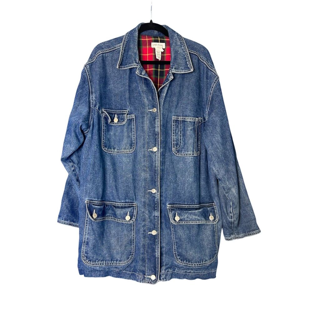 Vtg‎ Jones New York Womens Denim Chore Jacket 2X Classic Barn Plaid Cotton Dark